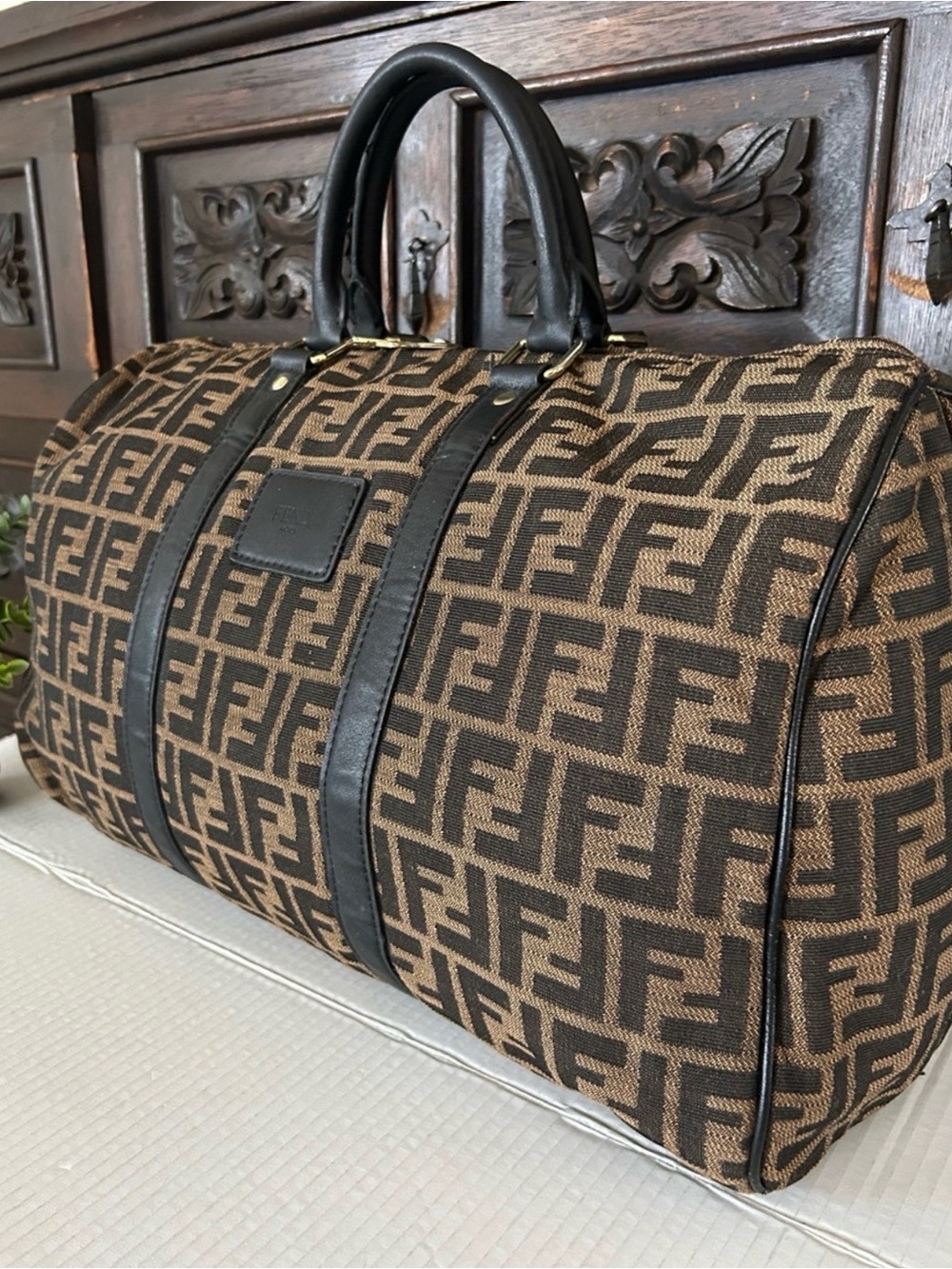 Fendi Brown Monogram Canvas Duffel with Black Trim